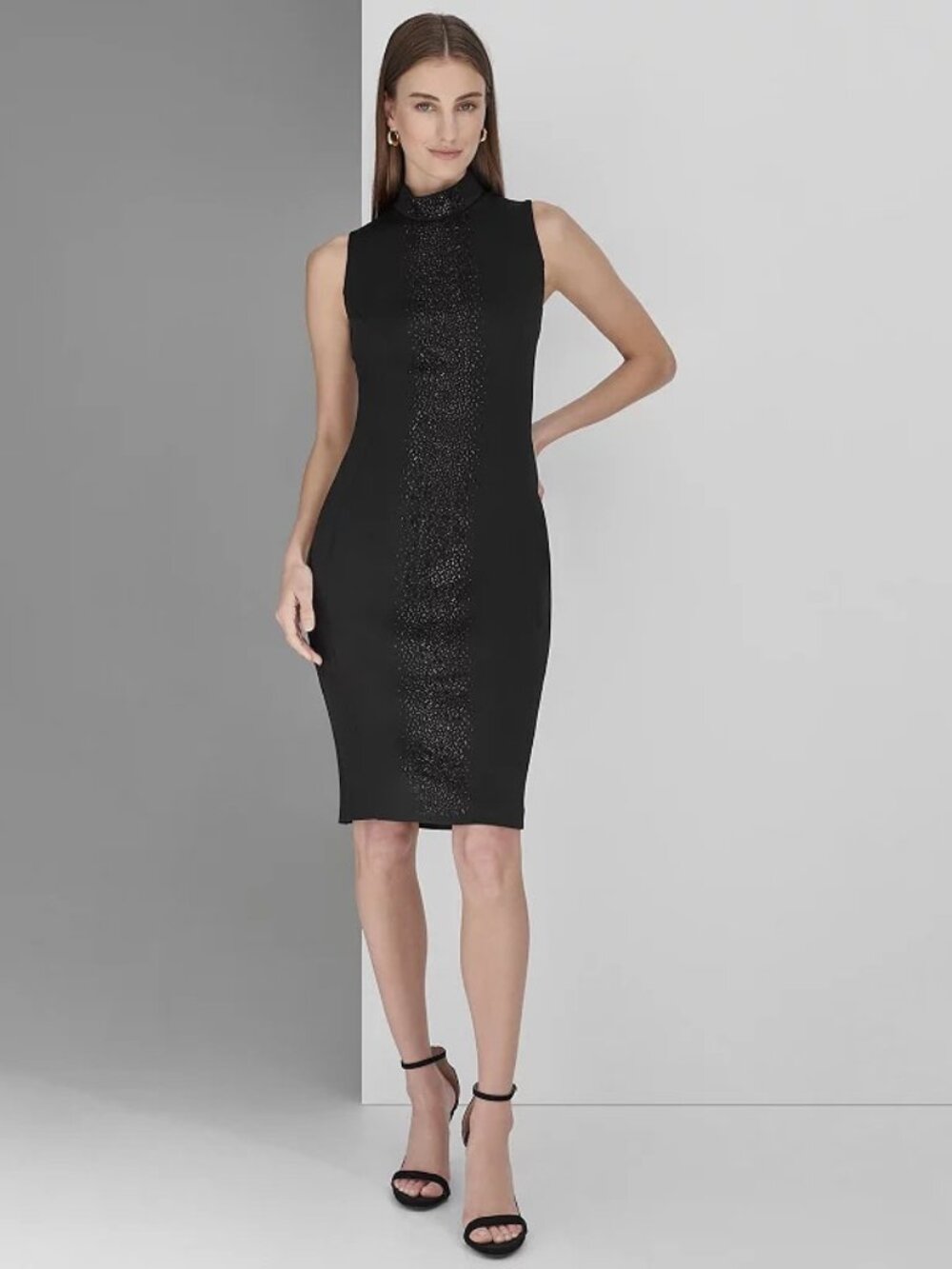 Andrew Marc Sleeveless Fitted Turtleneck Midi Dress